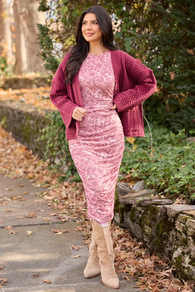 Ali Mauve Lace Print Mesh Midi Dress FINAL SALE - Image 3