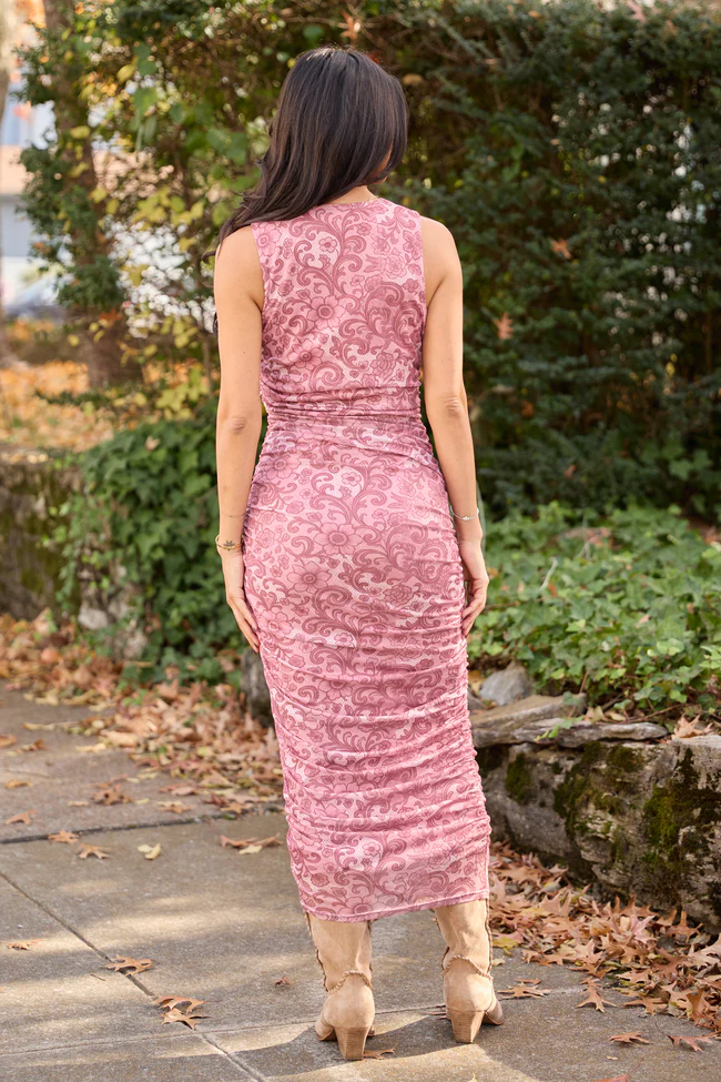 Ali Mauve Lace Print Mesh Midi Dress FINAL SALE - Image 5