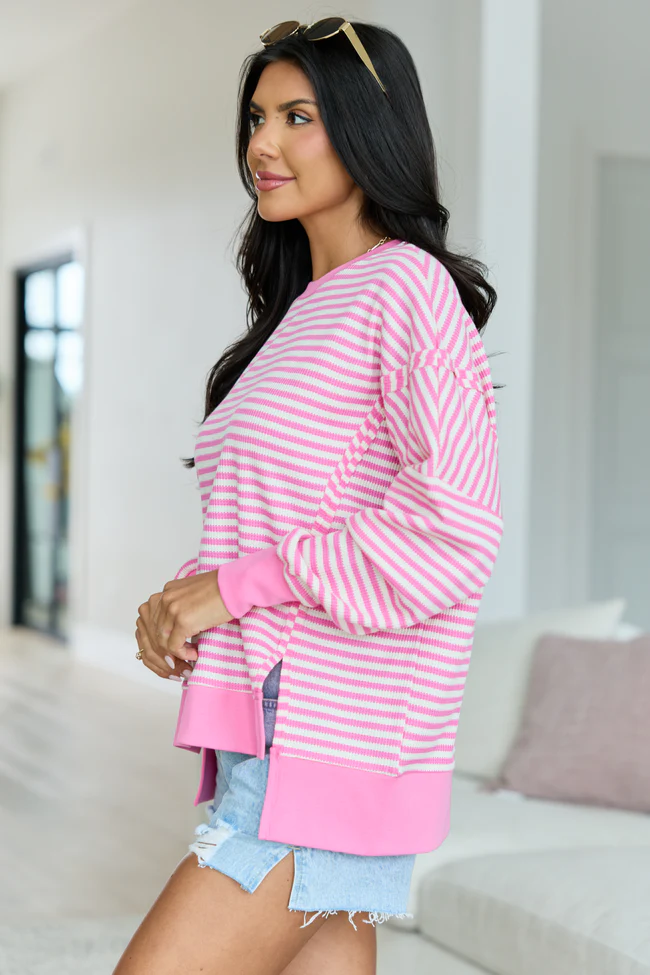 Kara Pink And White Stripe Waffle Pullover - Image 4