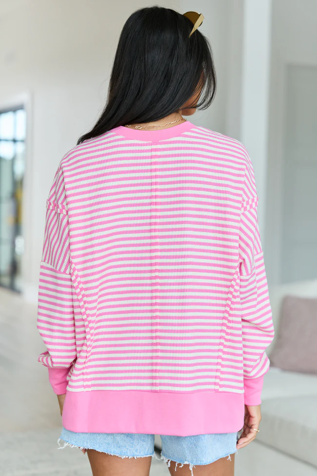 Kara Pink And White Stripe Waffle Pullover - Image 5