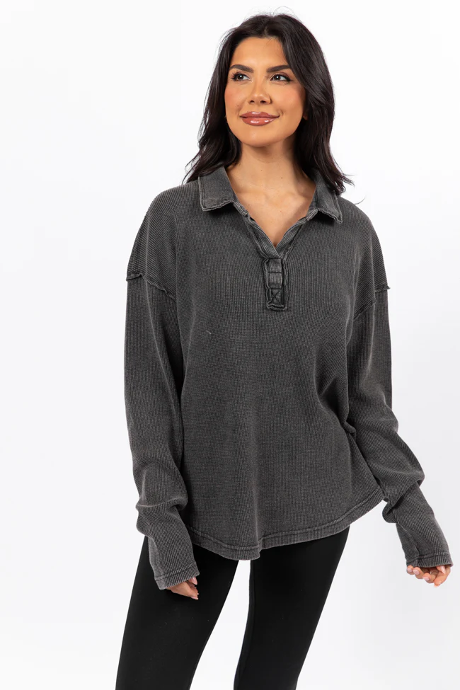 Leaf Your Worries Black Acid Washed Waffle Collared Top FINAL SALE - Image 4