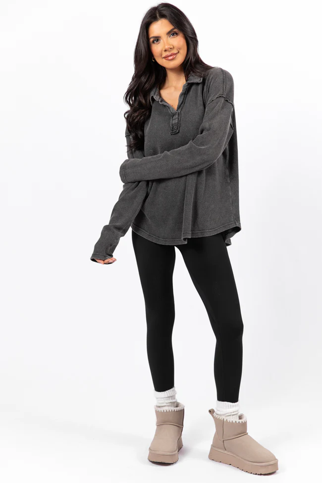 Leaf Your Worries Black Acid Washed Waffle Collared Top FINAL SALE - Image 5