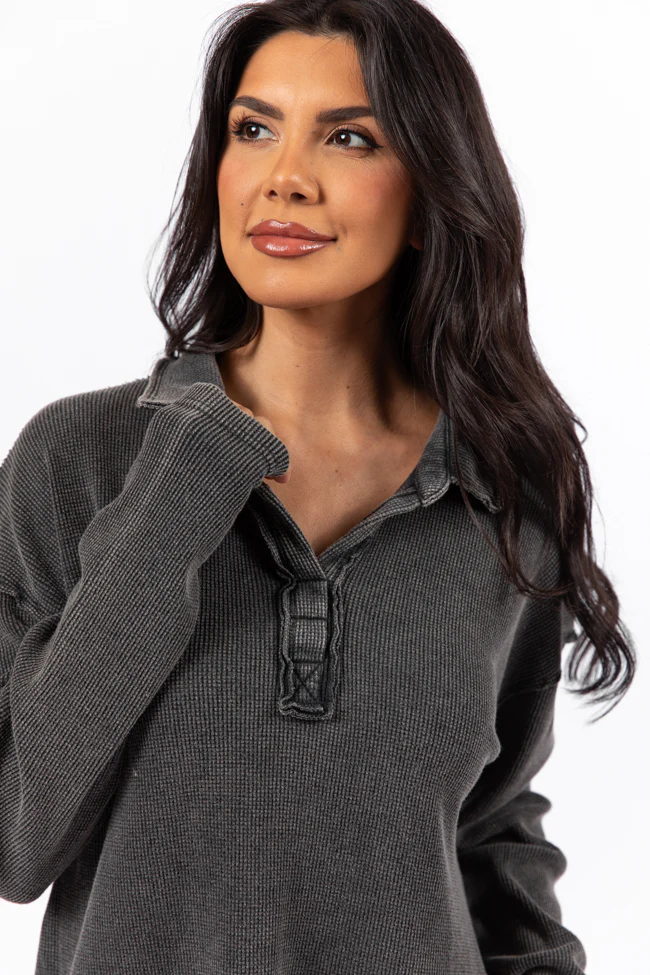 Leaf Your Worries Black Acid Washed Waffle Collared Top FINAL SALE - Image 6