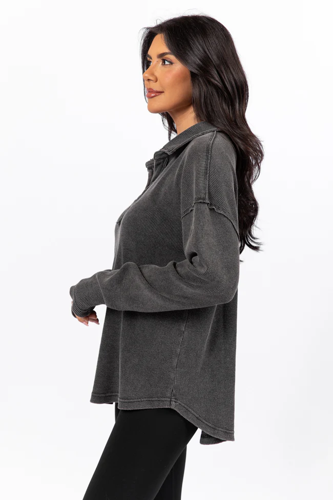 Leaf Your Worries Black Acid Washed Waffle Collared Top FINAL SALE - Image 7