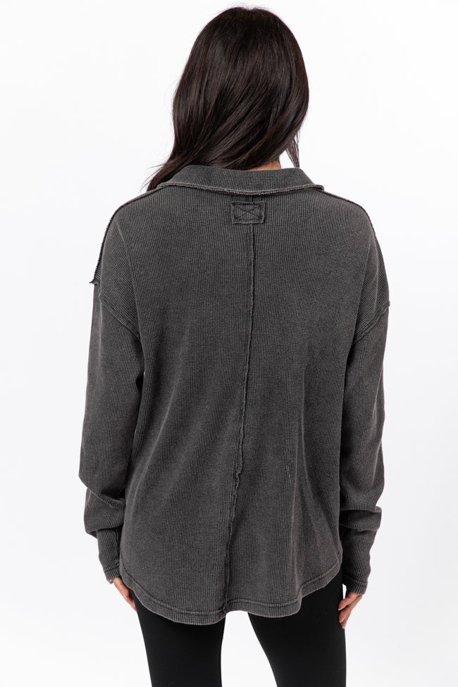 Leaf Your Worries Black Acid Washed Waffle Collared Top FINAL SALE - Image 8