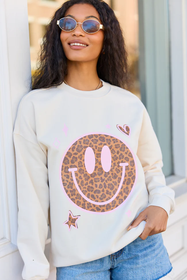 Leopard Smiley Face Cream Graphic Sweatshirt - Image 4