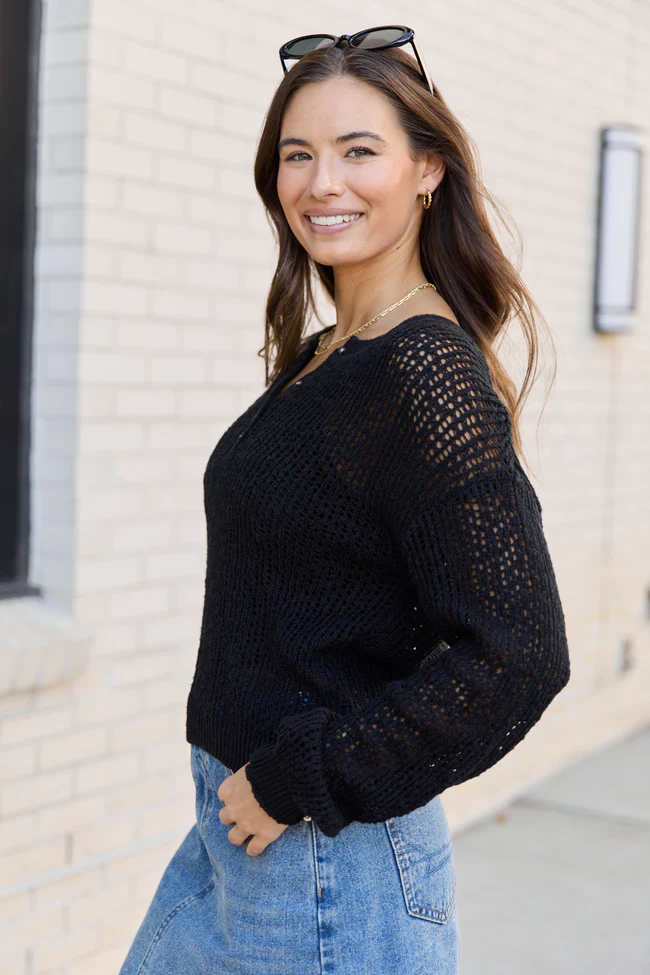 Lotus Long Sleeve Black Open Knit Henley Sweater FINAL SALE - Image 3