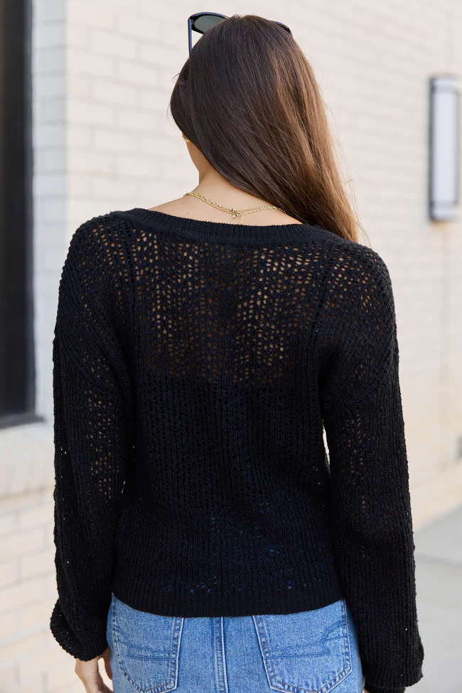 Lotus Long Sleeve Black Open Knit Henley Sweater FINAL SALE - Image 4