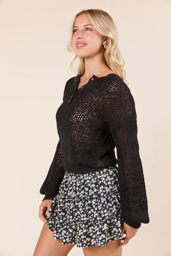 Lotus Long Sleeve Black Open Knit Henley Sweater FINAL SALE - Image 7