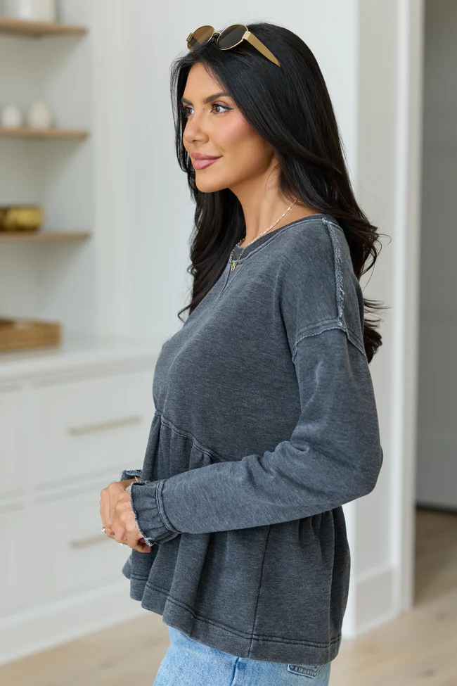 Smokey Grey Tiered Long Sleeve Top - Image 3