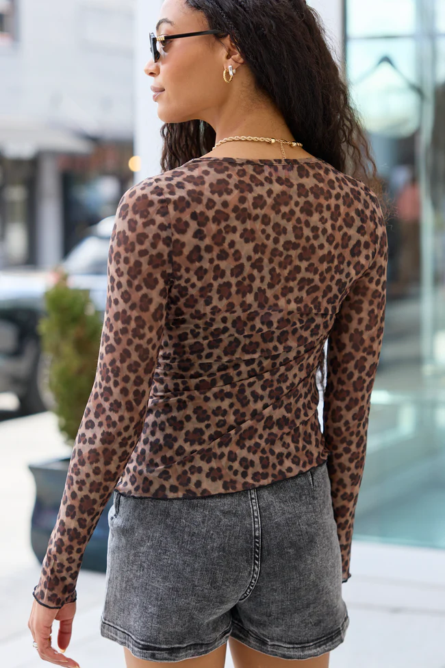 Vanessia Brown Leopard Print Mesh Top - Image 5